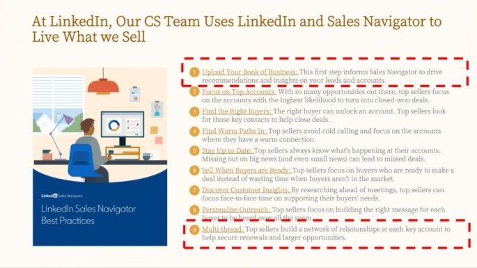 A presentation slide that says: "At Linkedin, our team uses LinkedIn and Sales Navigator to live what we sell."