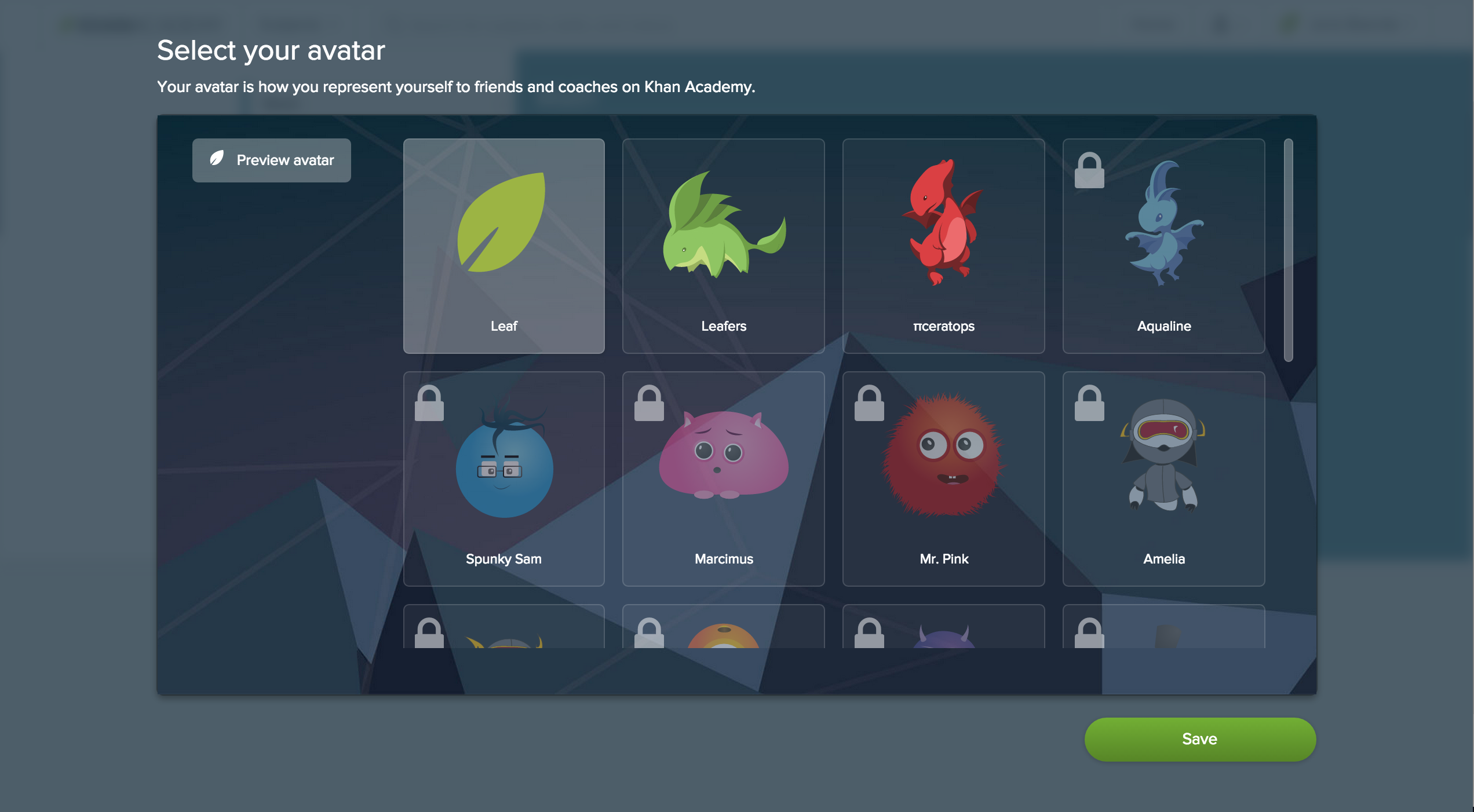 Image showing 8 different avatars users can select in the gamification of Khan Academy