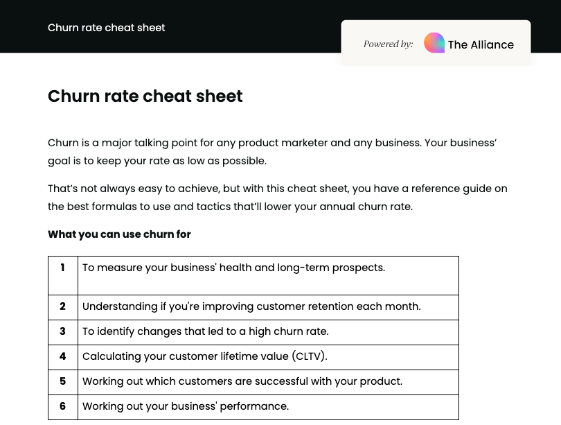 Churn rate cheat sheet template