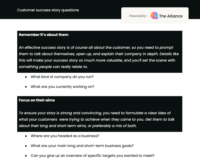 Customer success story questions template